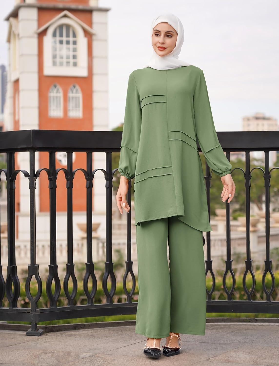 imageIDOPIP Abayas Dress for Women Muslim Long Sleeve Top Pants 2PCS Islamic Dubai Outfit Casual Ramadan Prayer Dress Clothes SetsGreen