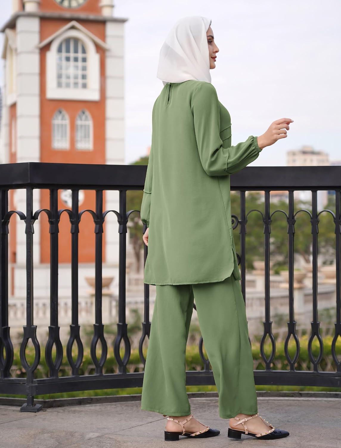 imageIDOPIP Abayas Dress for Women Muslim Long Sleeve Top Pants 2PCS Islamic Dubai Outfit Casual Ramadan Prayer Dress Clothes SetsGreen