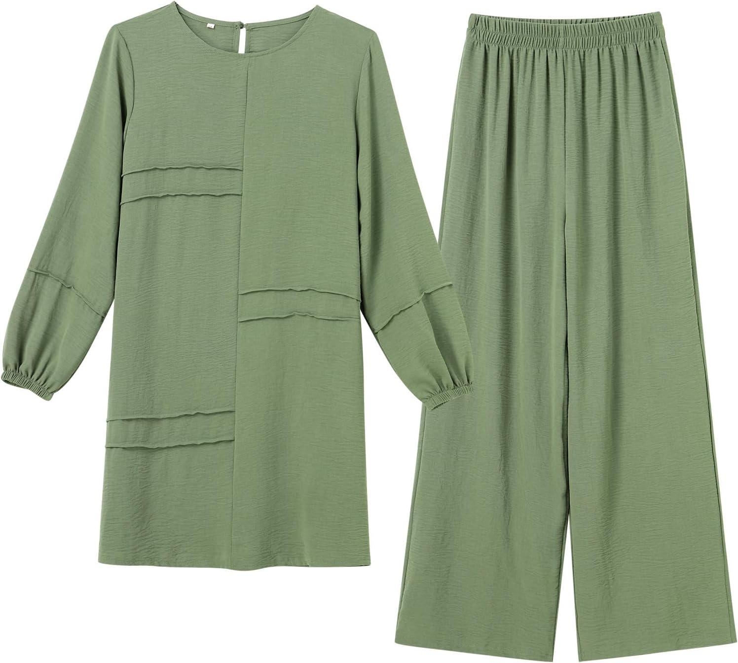 imageIDOPIP Abayas Dress for Women Muslim Long Sleeve Top Pants 2PCS Islamic Dubai Outfit Casual Ramadan Prayer Dress Clothes SetsGreen