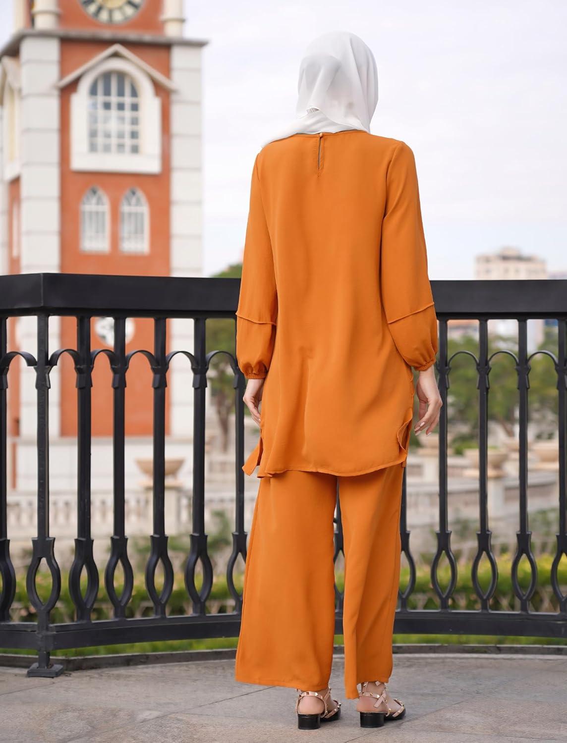imageIDOPIP Abayas Dress for Women Muslim Long Sleeve Top Pants 2PCS Islamic Dubai Outfit Casual Ramadan Prayer Dress Clothes SetsOrange