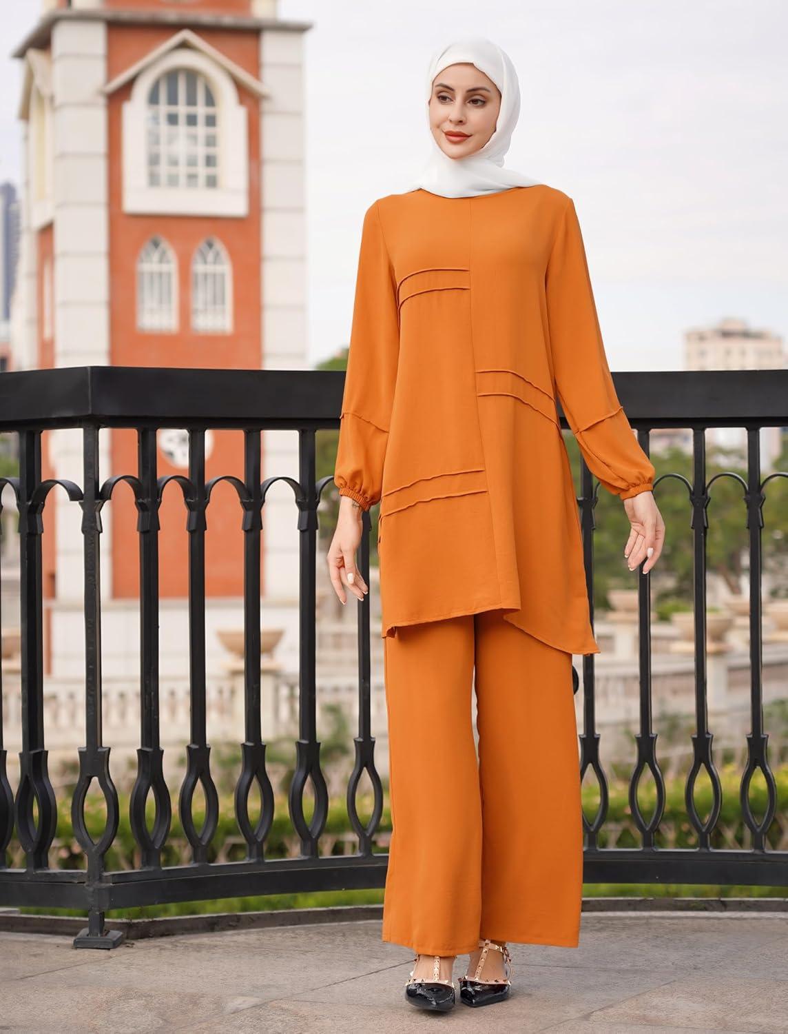 imageIDOPIP Abayas Dress for Women Muslim Long Sleeve Top Pants 2PCS Islamic Dubai Outfit Casual Ramadan Prayer Dress Clothes SetsOrange