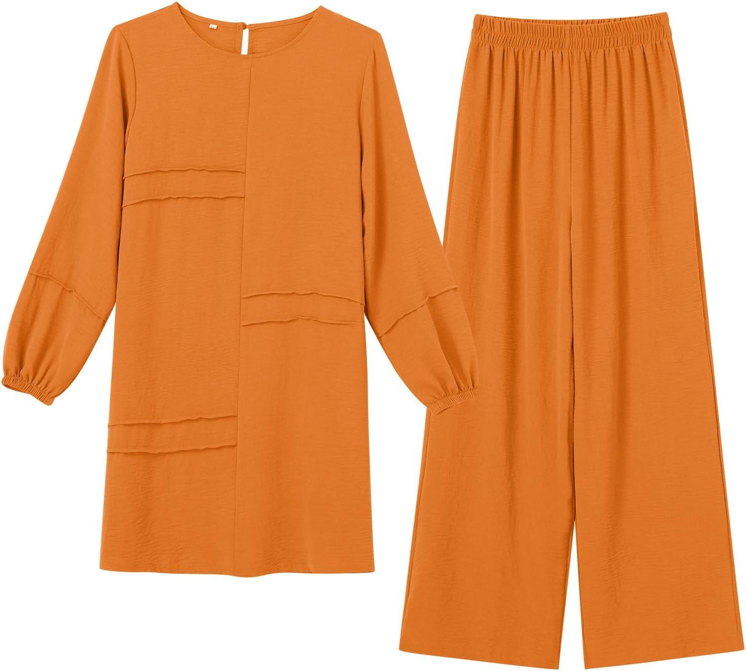 imageIDOPIP Abayas Dress for Women Muslim Long Sleeve Top Pants 2PCS Islamic Dubai Outfit Casual Ramadan Prayer Dress Clothes SetsOrange