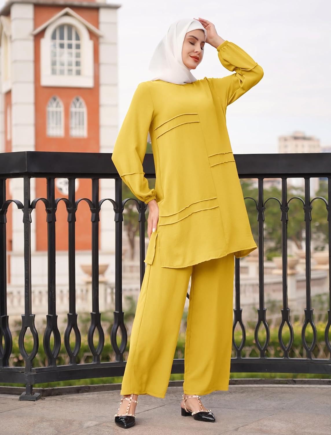 imageIDOPIP Abayas Dress for Women Muslim Long Sleeve Top Pants 2PCS Islamic Dubai Outfit Casual Ramadan Prayer Dress Clothes SetsYellow