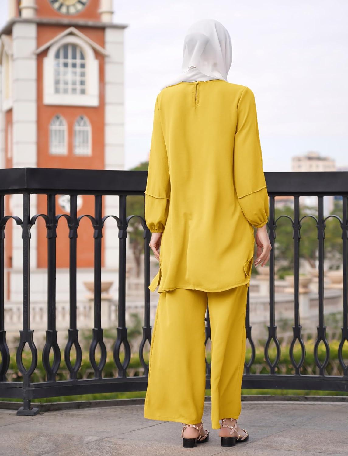 imageIDOPIP Abayas Dress for Women Muslim Long Sleeve Top Pants 2PCS Islamic Dubai Outfit Casual Ramadan Prayer Dress Clothes SetsYellow