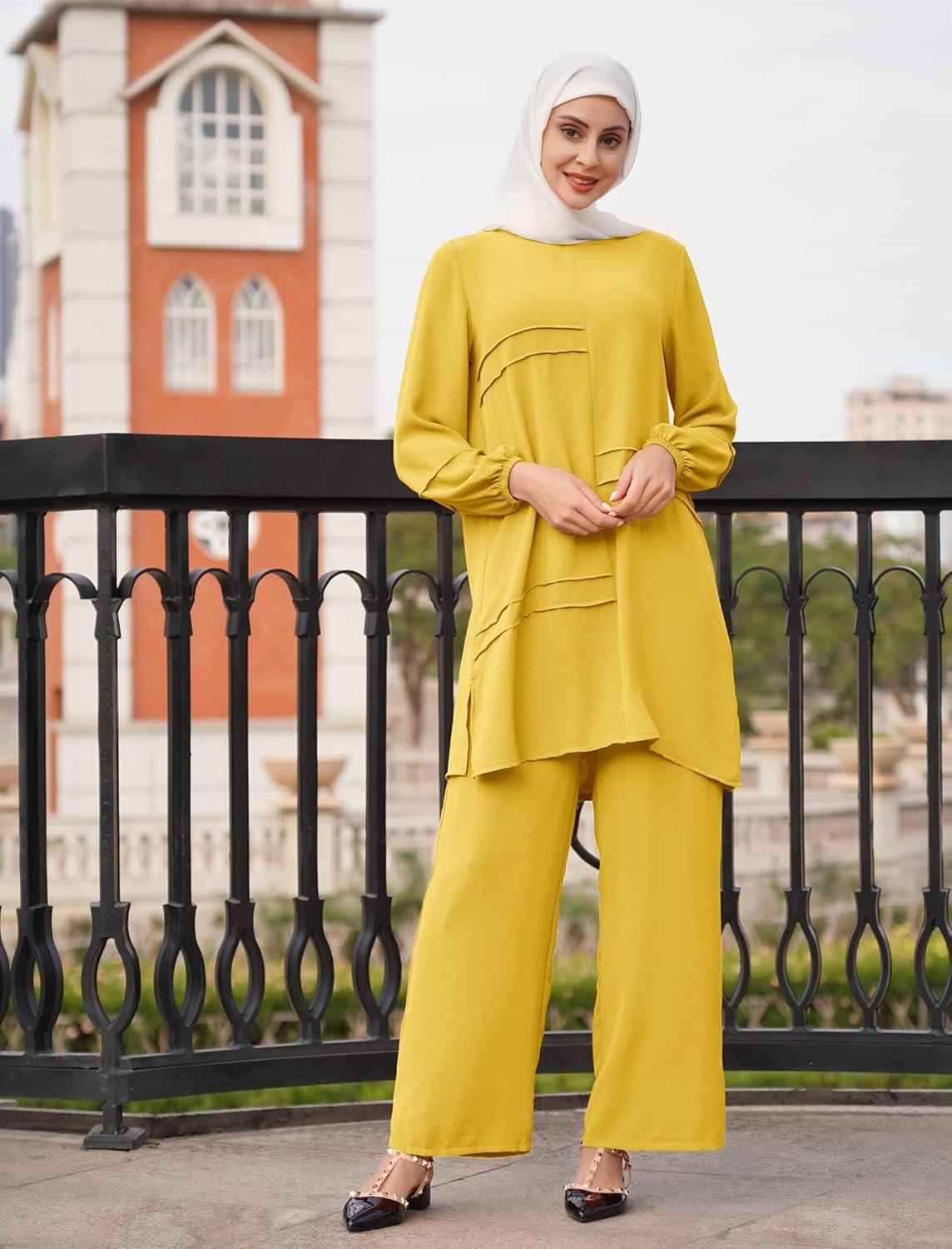 imageIDOPIP Abayas Dress for Women Muslim Long Sleeve Top Pants 2PCS Islamic Dubai Outfit Casual Ramadan Prayer Dress Clothes SetsYellow