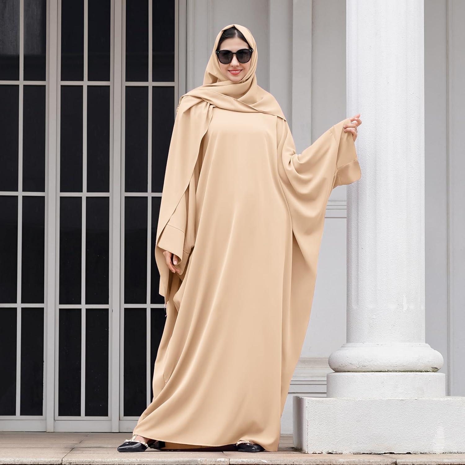 imageIDOPIP Abayas for Women Muslim Dress with Hijab OnePiece Long Sleeve Islamic Prayer Dress with Khimar Jilbab Kaftan ClothesApricot  Hijab
