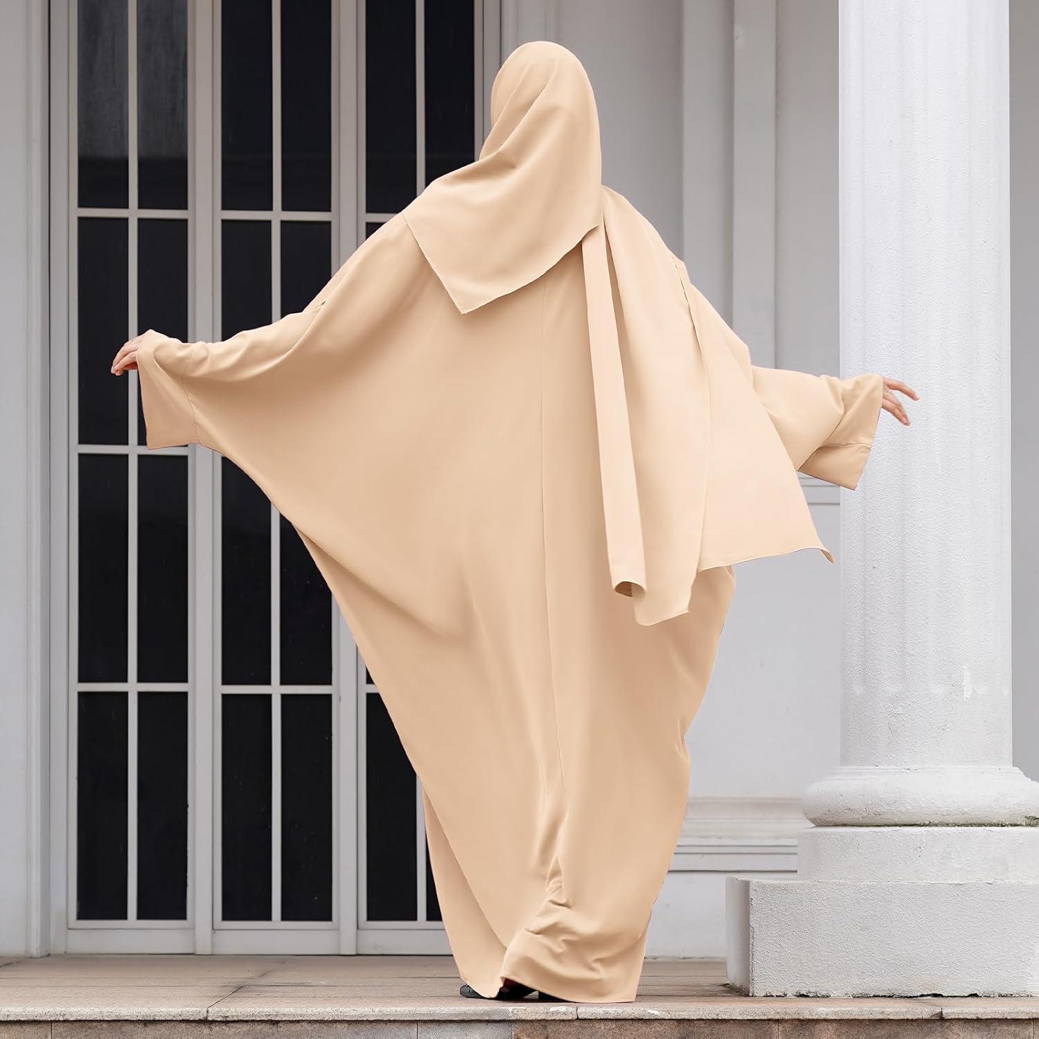 imageIDOPIP Abayas for Women Muslim Dress with Hijab OnePiece Long Sleeve Islamic Prayer Dress with Khimar Jilbab Kaftan ClothesApricot  Hijab