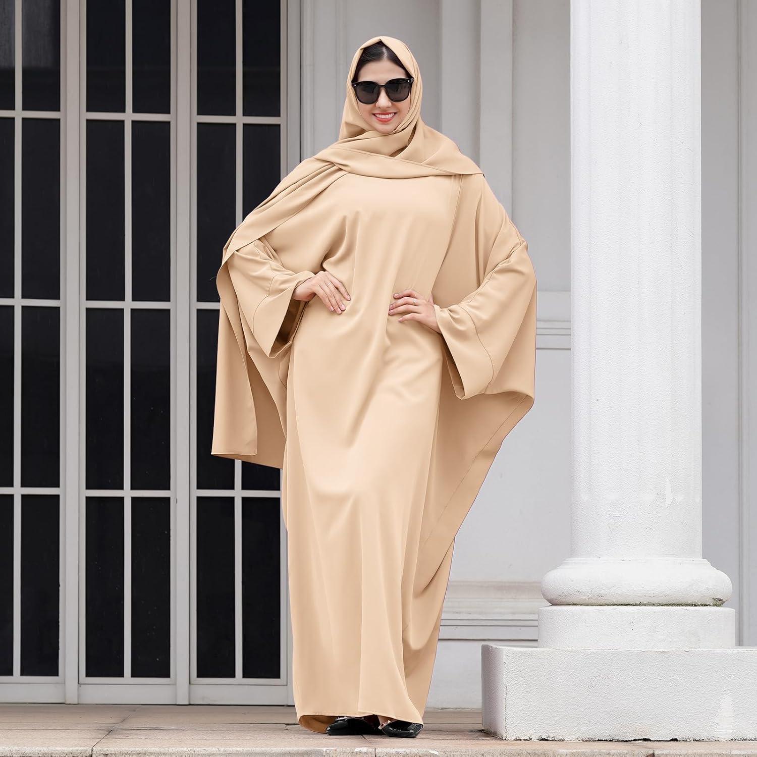 imageIDOPIP Abayas for Women Muslim Dress with Hijab OnePiece Long Sleeve Islamic Prayer Dress with Khimar Jilbab Kaftan ClothesApricot  Hijab