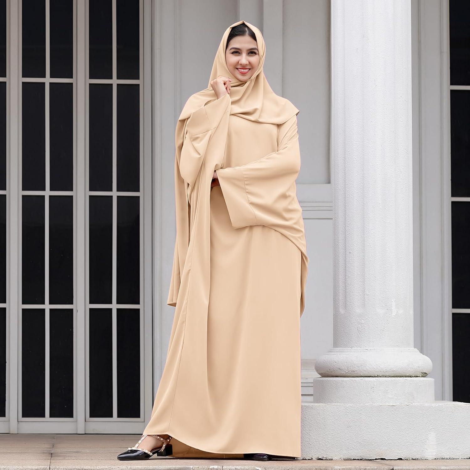 imageIDOPIP Abayas for Women Muslim Dress with Hijab OnePiece Long Sleeve Islamic Prayer Dress with Khimar Jilbab Kaftan ClothesApricot  Hijab