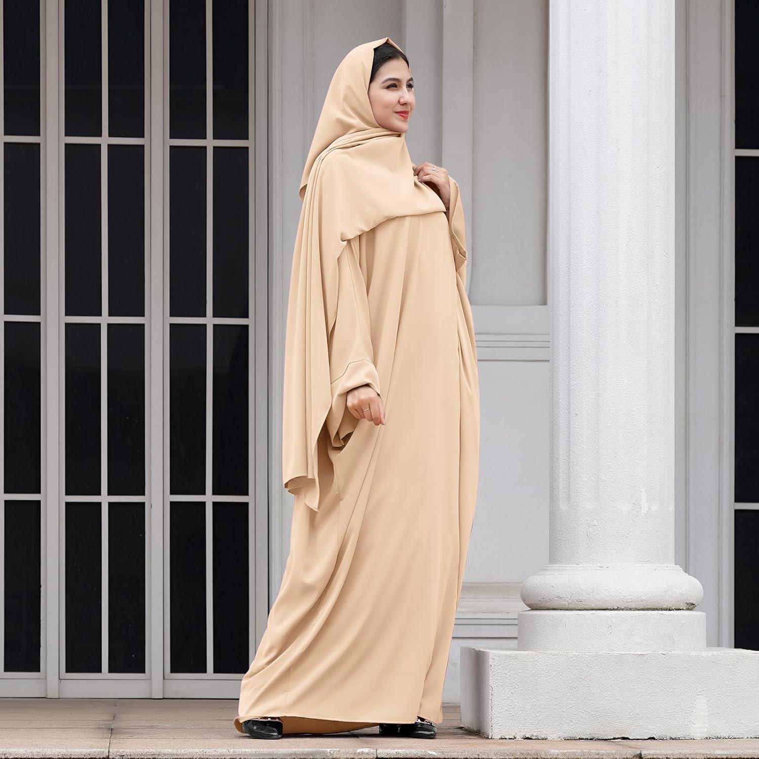 imageIDOPIP Abayas for Women Muslim Dress with Hijab OnePiece Long Sleeve Islamic Prayer Dress with Khimar Jilbab Kaftan ClothesApricot  Hijab