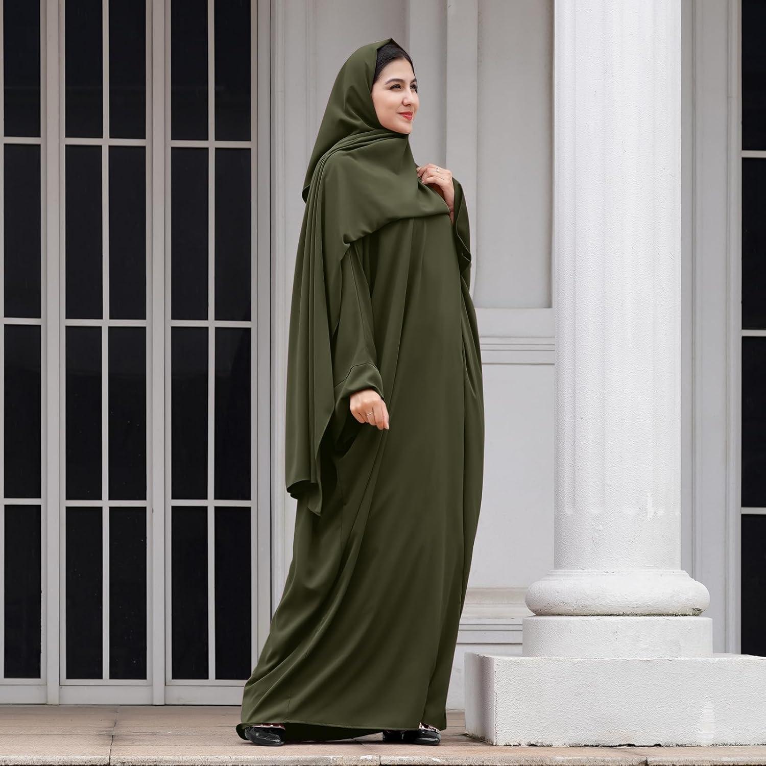 imageIDOPIP Abayas for Women Muslim Dress with Hijab OnePiece Long Sleeve Islamic Prayer Dress with Khimar Jilbab Kaftan ClothesArmy Green  Hijab