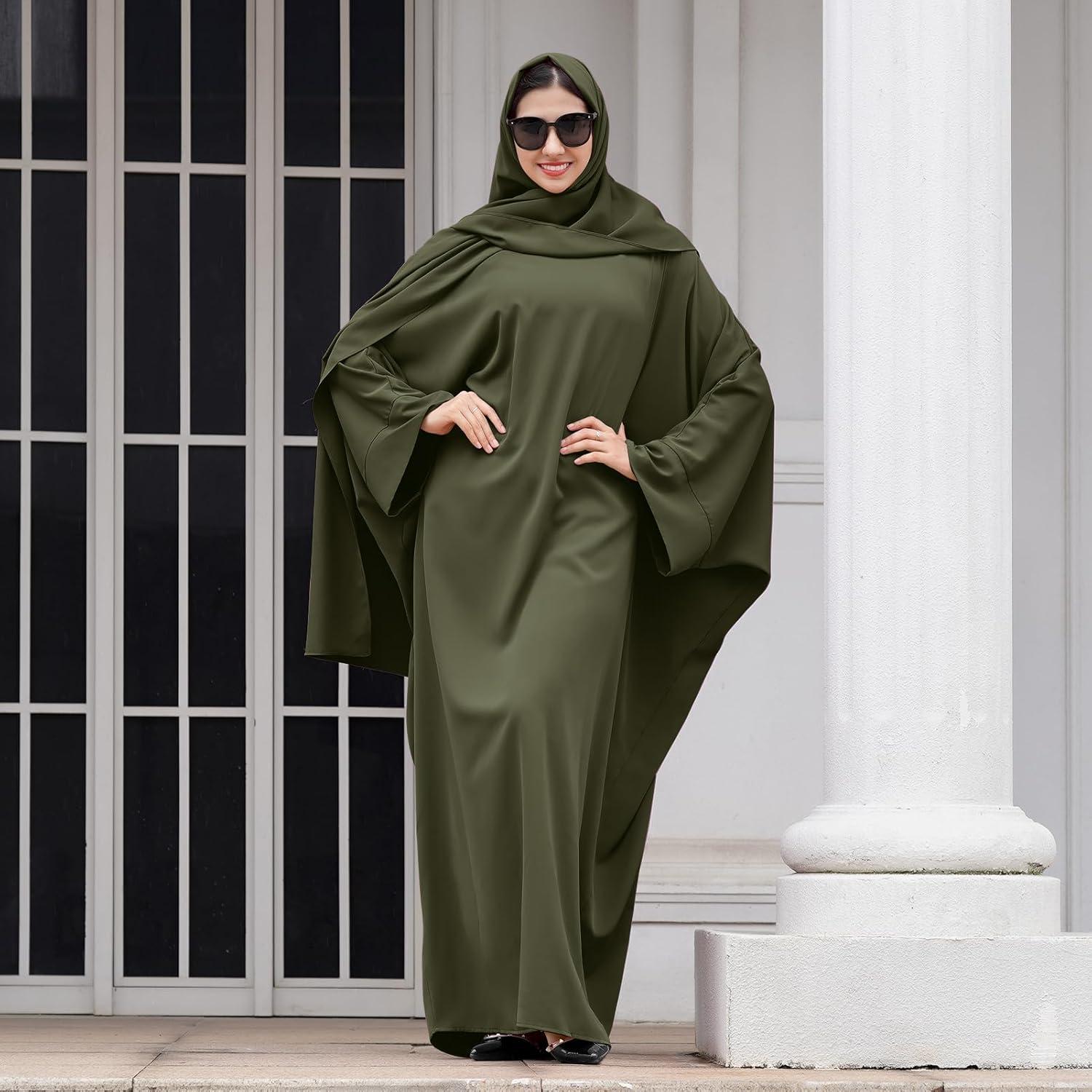 imageIDOPIP Abayas for Women Muslim Dress with Hijab OnePiece Long Sleeve Islamic Prayer Dress with Khimar Jilbab Kaftan ClothesArmy Green  Hijab