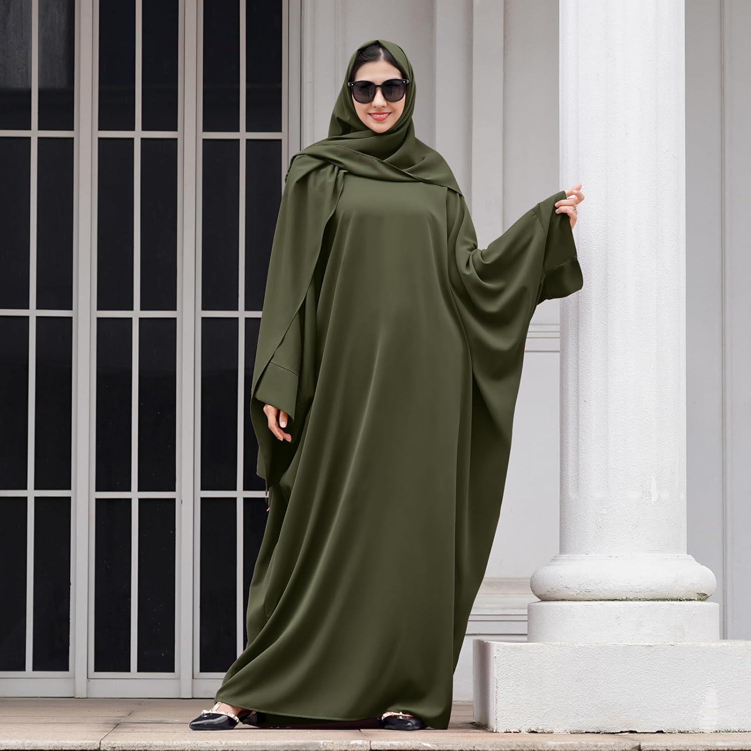 imageIDOPIP Abayas for Women Muslim Dress with Hijab OnePiece Long Sleeve Islamic Prayer Dress with Khimar Jilbab Kaftan ClothesArmy Green  Hijab