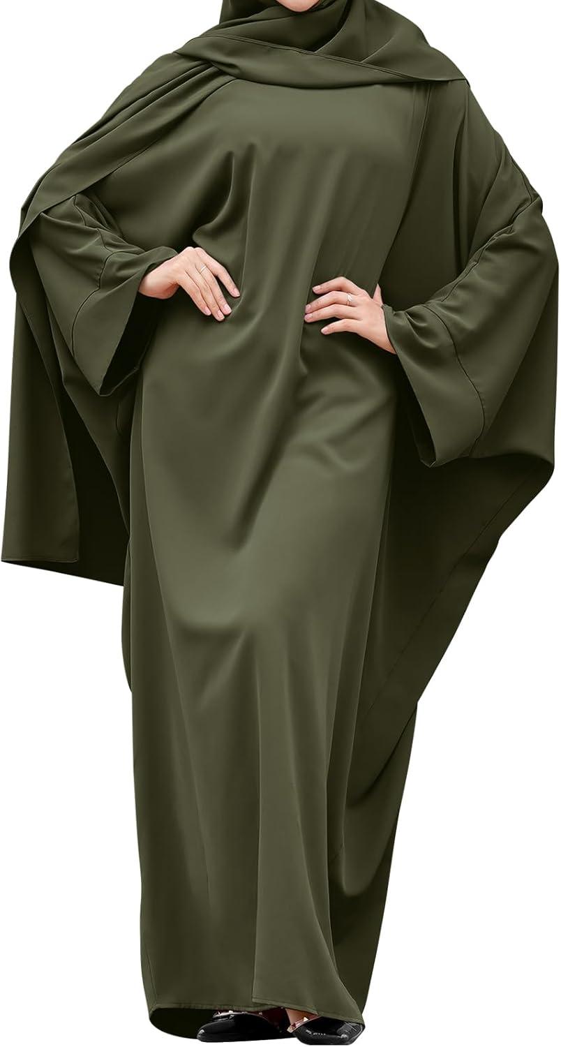 imageIDOPIP Abayas for Women Muslim Dress with Hijab OnePiece Long Sleeve Islamic Prayer Dress with Khimar Jilbab Kaftan ClothesArmy Green 1pc Dress Only