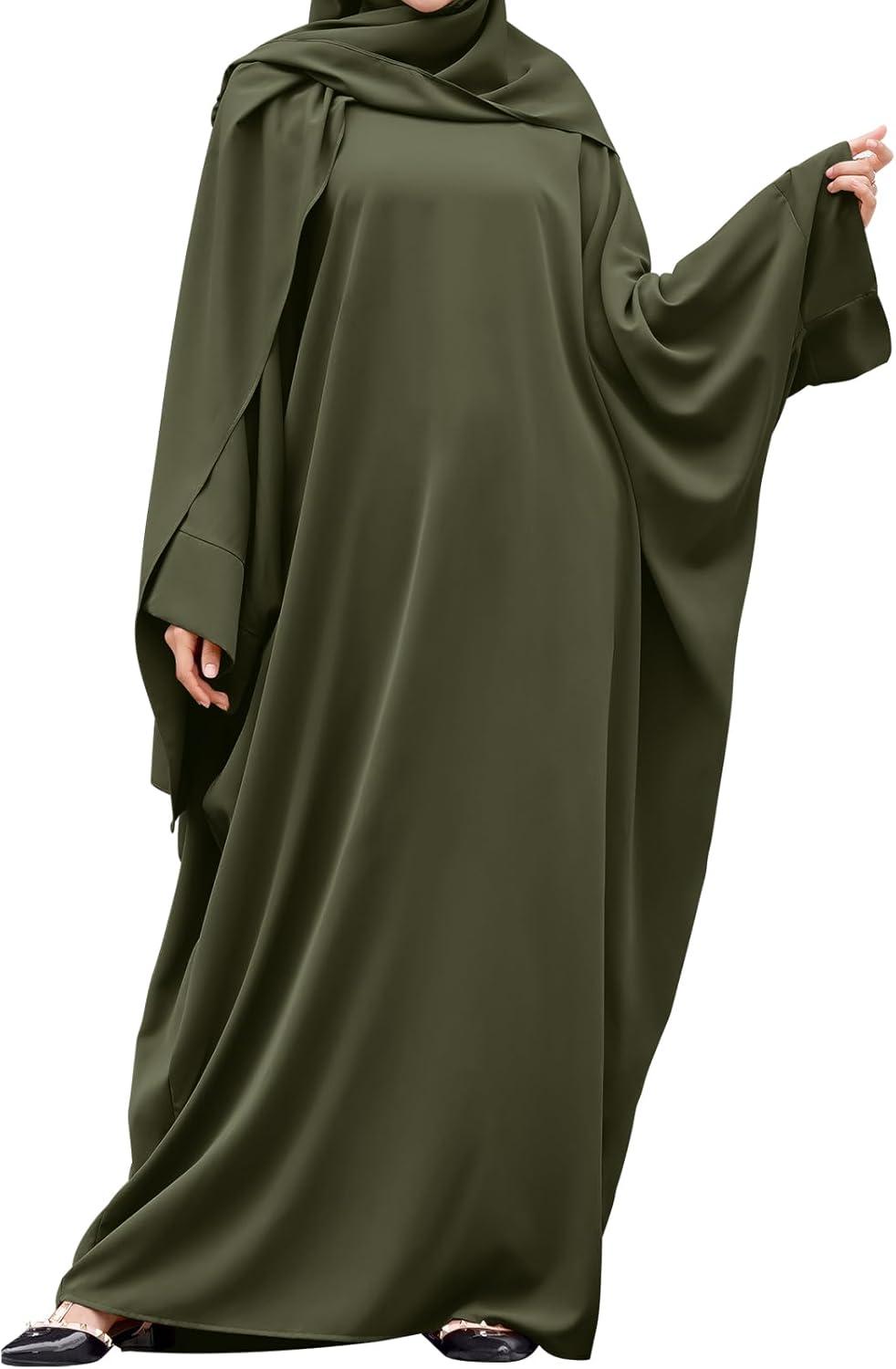 imageIDOPIP Abayas for Women Muslim Dress with Hijab OnePiece Long Sleeve Islamic Prayer Dress with Khimar Jilbab Kaftan ClothesArmy Green 1pc Dress Only