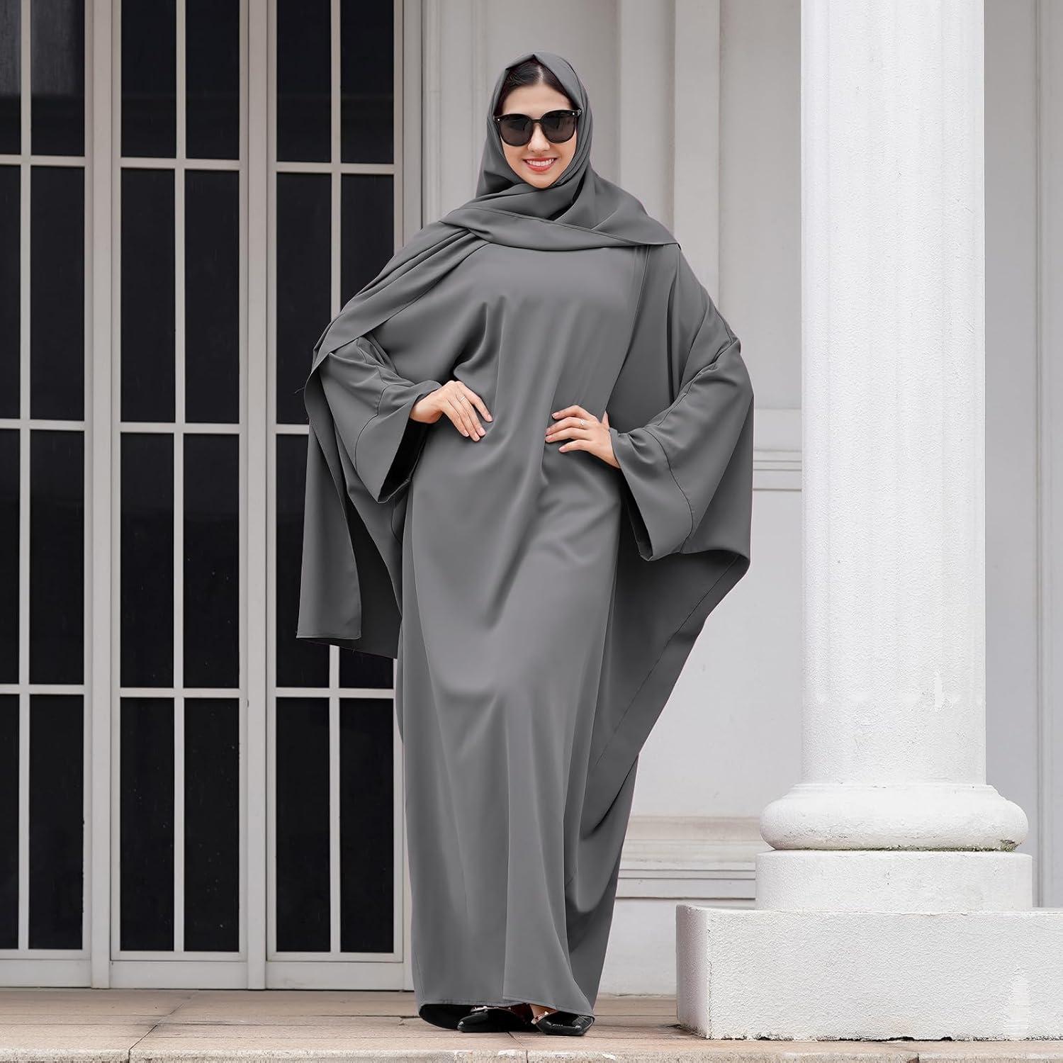 imageIDOPIP Abayas for Women Muslim Dress with Hijab OnePiece Long Sleeve Islamic Prayer Dress with Khimar Jilbab Kaftan ClothesGray  Hijab