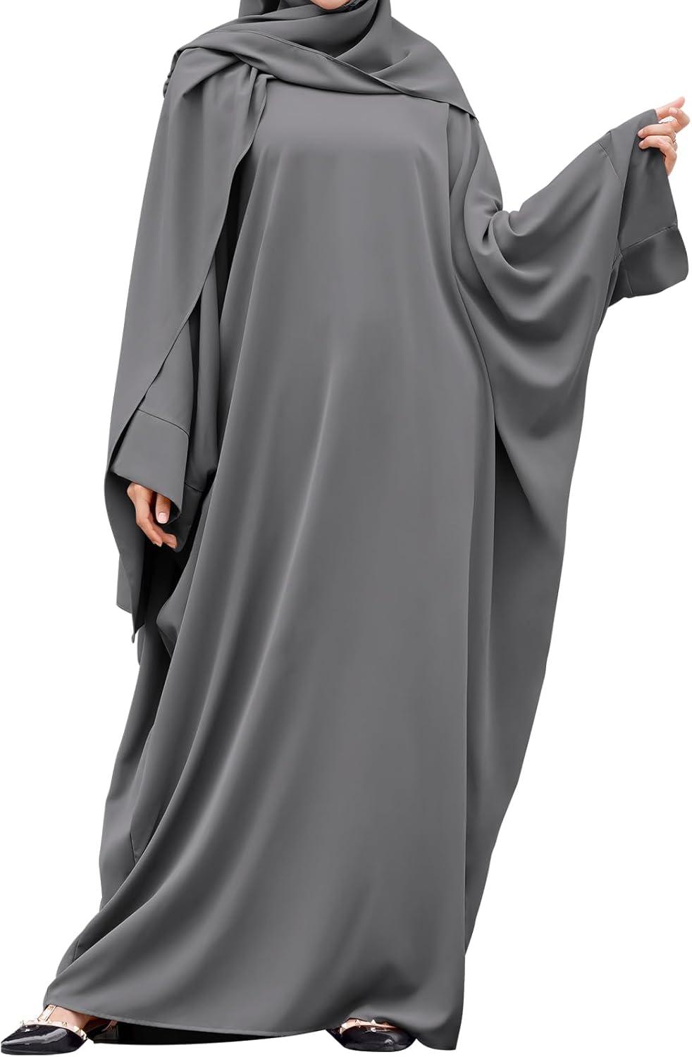 imageIDOPIP Abayas for Women Muslim Dress with Hijab OnePiece Long Sleeve Islamic Prayer Dress with Khimar Jilbab Kaftan ClothesGray 1pc Dress Only
