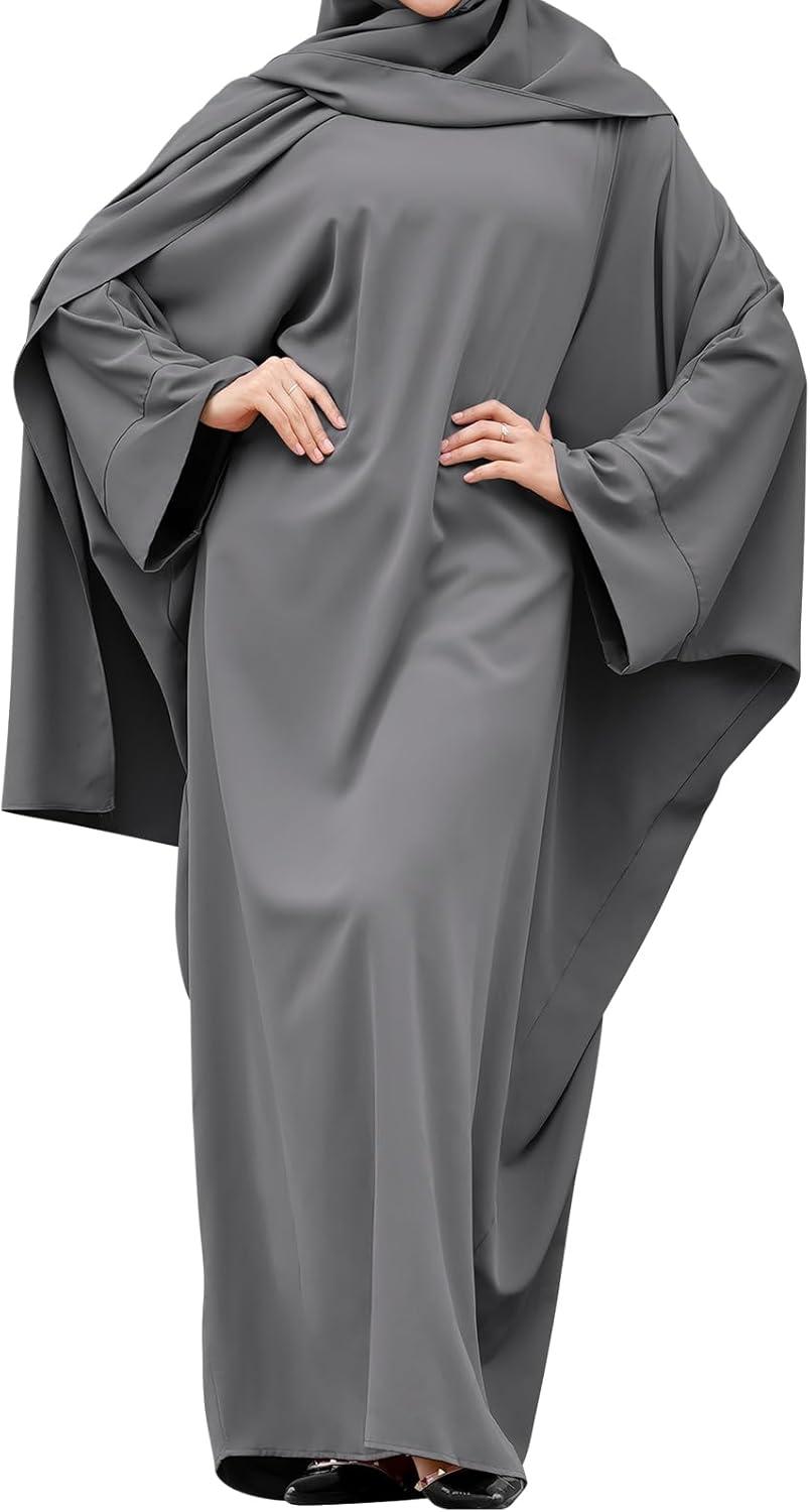 imageIDOPIP Abayas for Women Muslim Dress with Hijab OnePiece Long Sleeve Islamic Prayer Dress with Khimar Jilbab Kaftan ClothesGray 1pc Dress Only