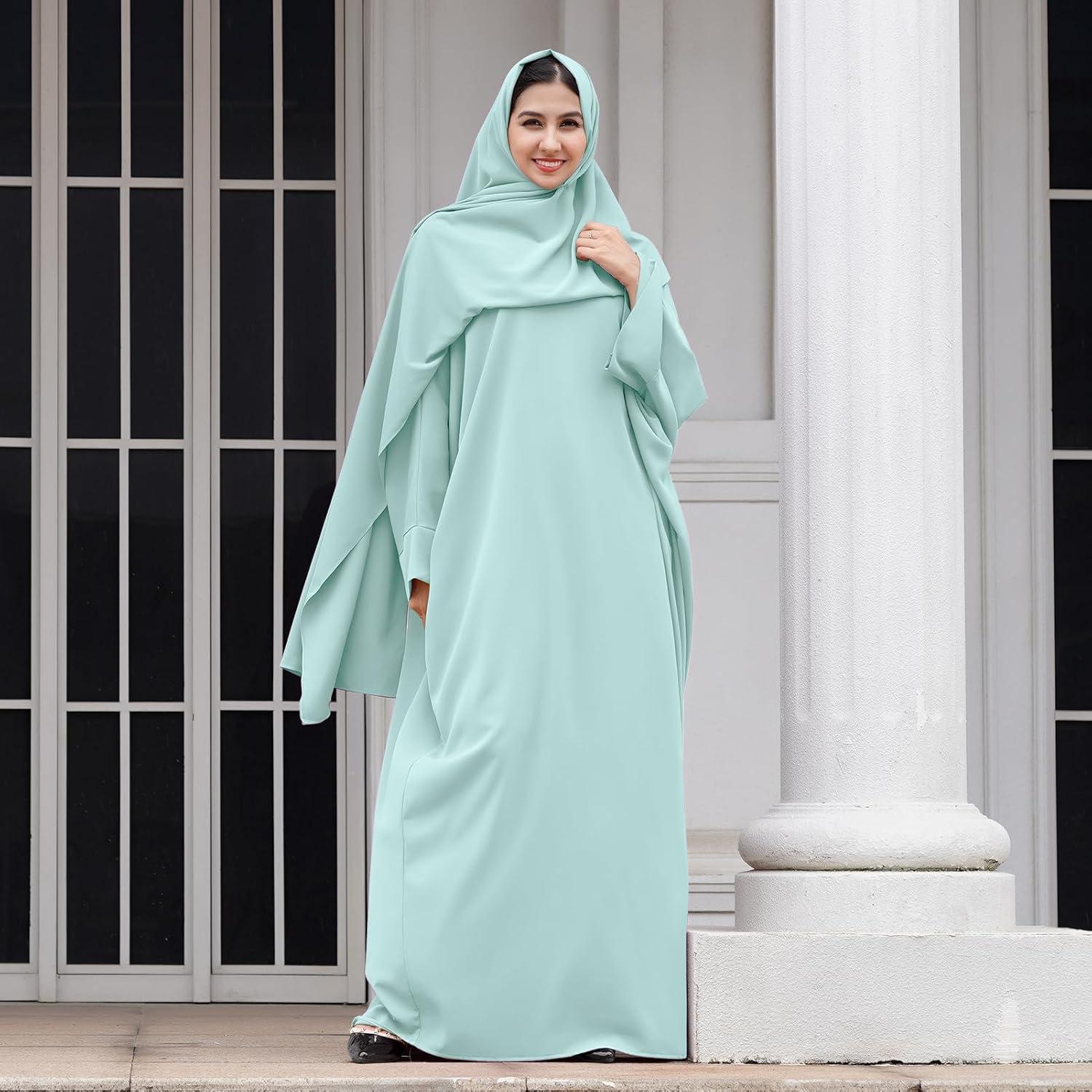 imageIDOPIP Abayas for Women Muslim Dress with Hijab OnePiece Long Sleeve Islamic Prayer Dress with Khimar Jilbab Kaftan ClothesGreen  Hijab