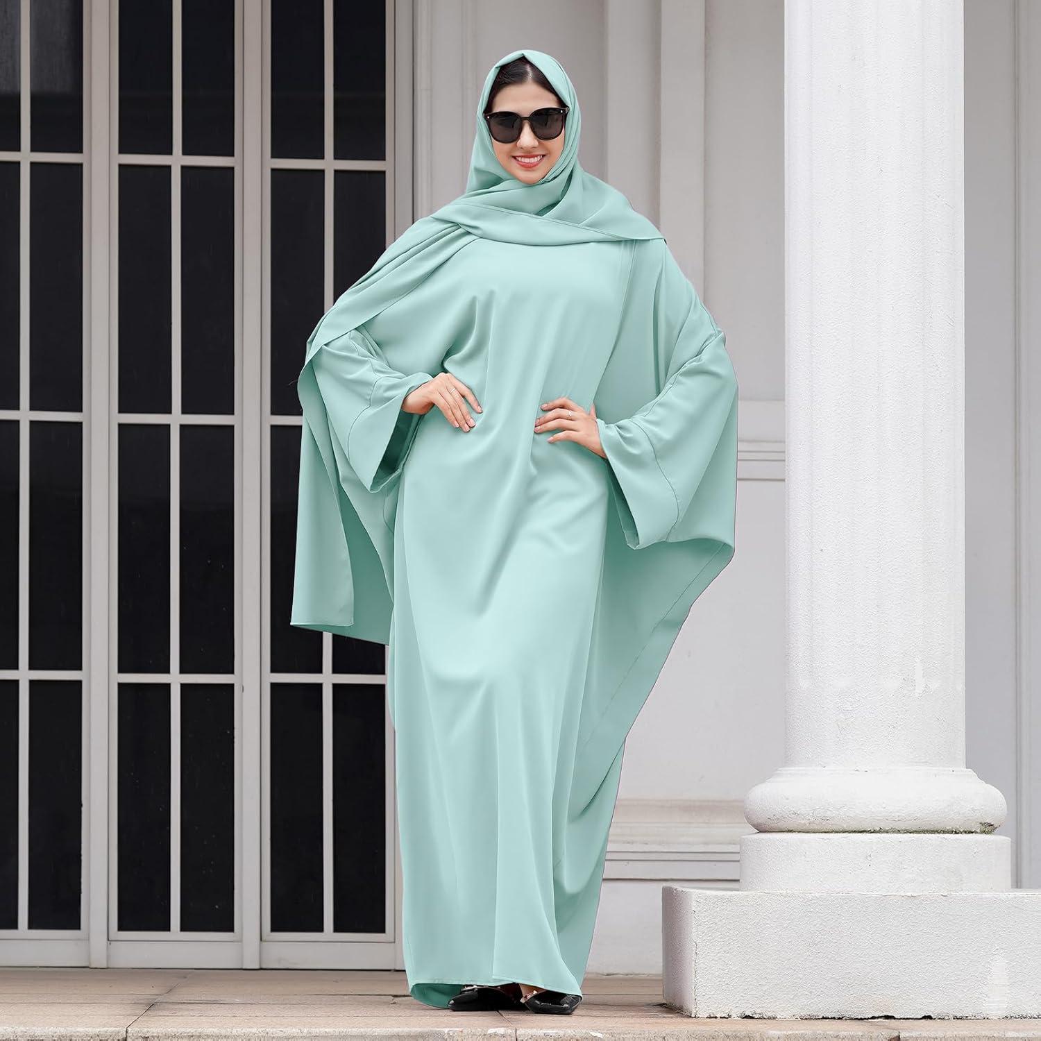imageIDOPIP Abayas for Women Muslim Dress with Hijab OnePiece Long Sleeve Islamic Prayer Dress with Khimar Jilbab Kaftan ClothesGreen  Hijab