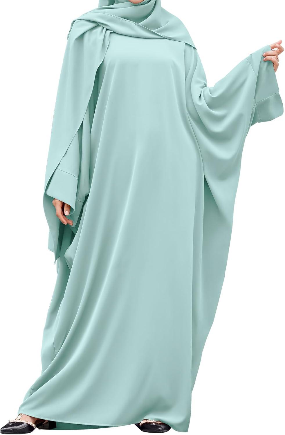 imageIDOPIP Abayas for Women Muslim Dress with Hijab OnePiece Long Sleeve Islamic Prayer Dress with Khimar Jilbab Kaftan ClothesGreen 1pc Dress Only