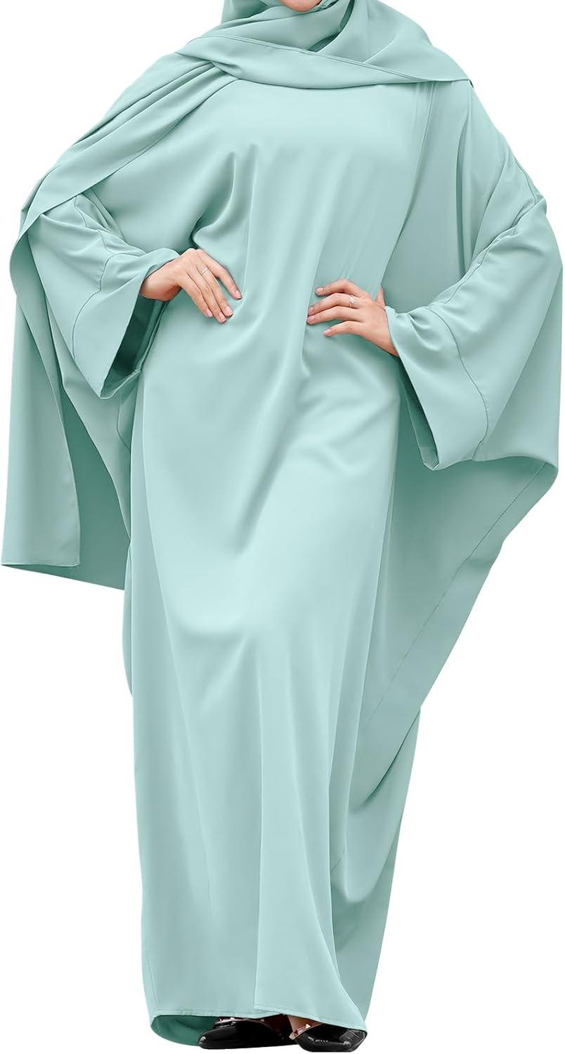 imageIDOPIP Abayas for Women Muslim Dress with Hijab OnePiece Long Sleeve Islamic Prayer Dress with Khimar Jilbab Kaftan ClothesGreen 1pc Dress Only