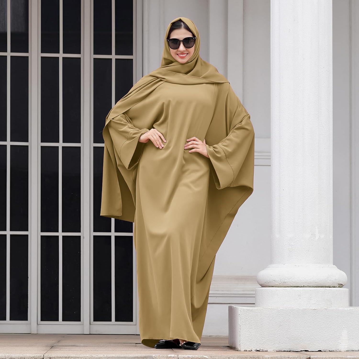 imageIDOPIP Abayas for Women Muslim Dress with Hijab OnePiece Long Sleeve Islamic Prayer Dress with Khimar Jilbab Kaftan ClothesKhaki  Hijab