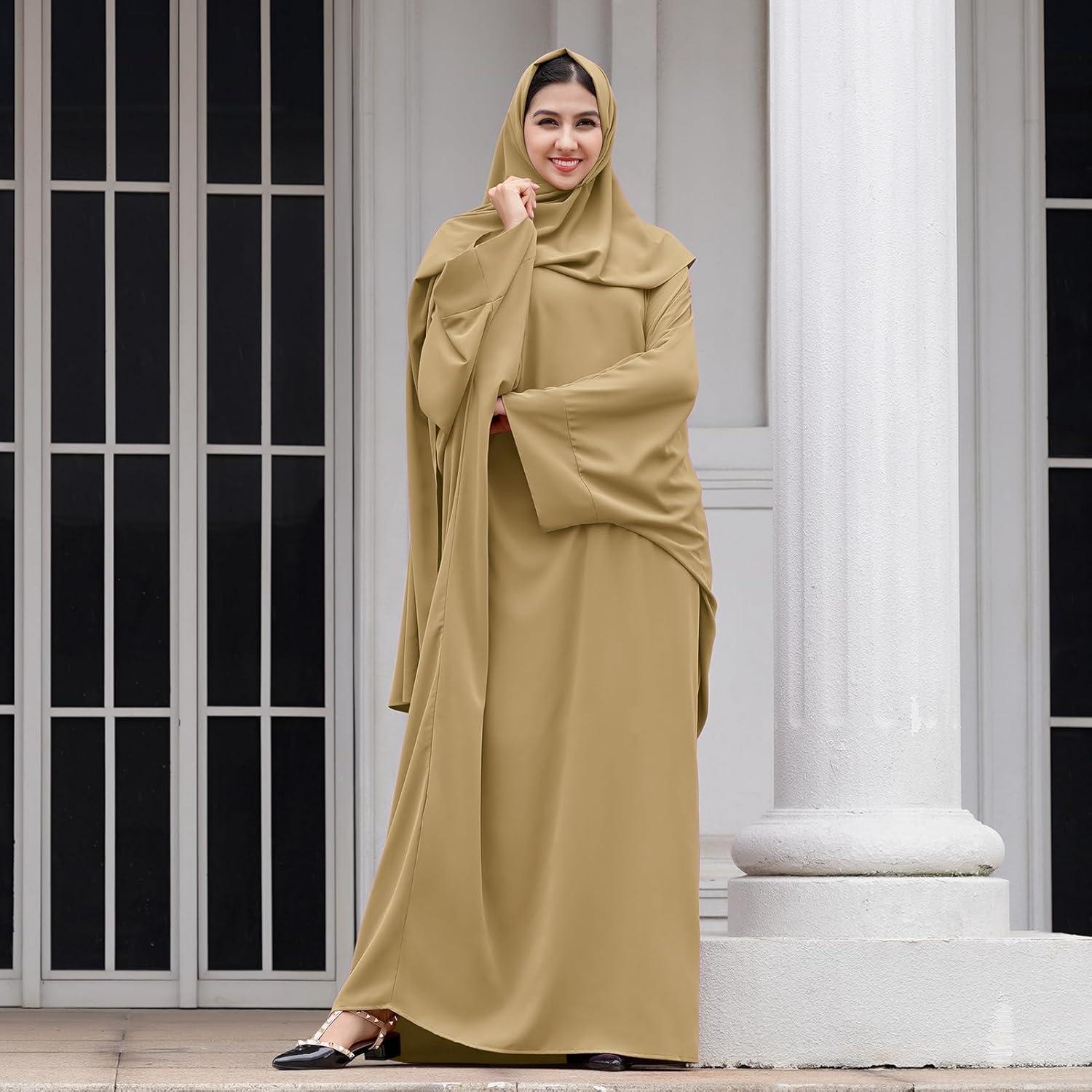 imageIDOPIP Abayas for Women Muslim Dress with Hijab OnePiece Long Sleeve Islamic Prayer Dress with Khimar Jilbab Kaftan ClothesKhaki  Hijab