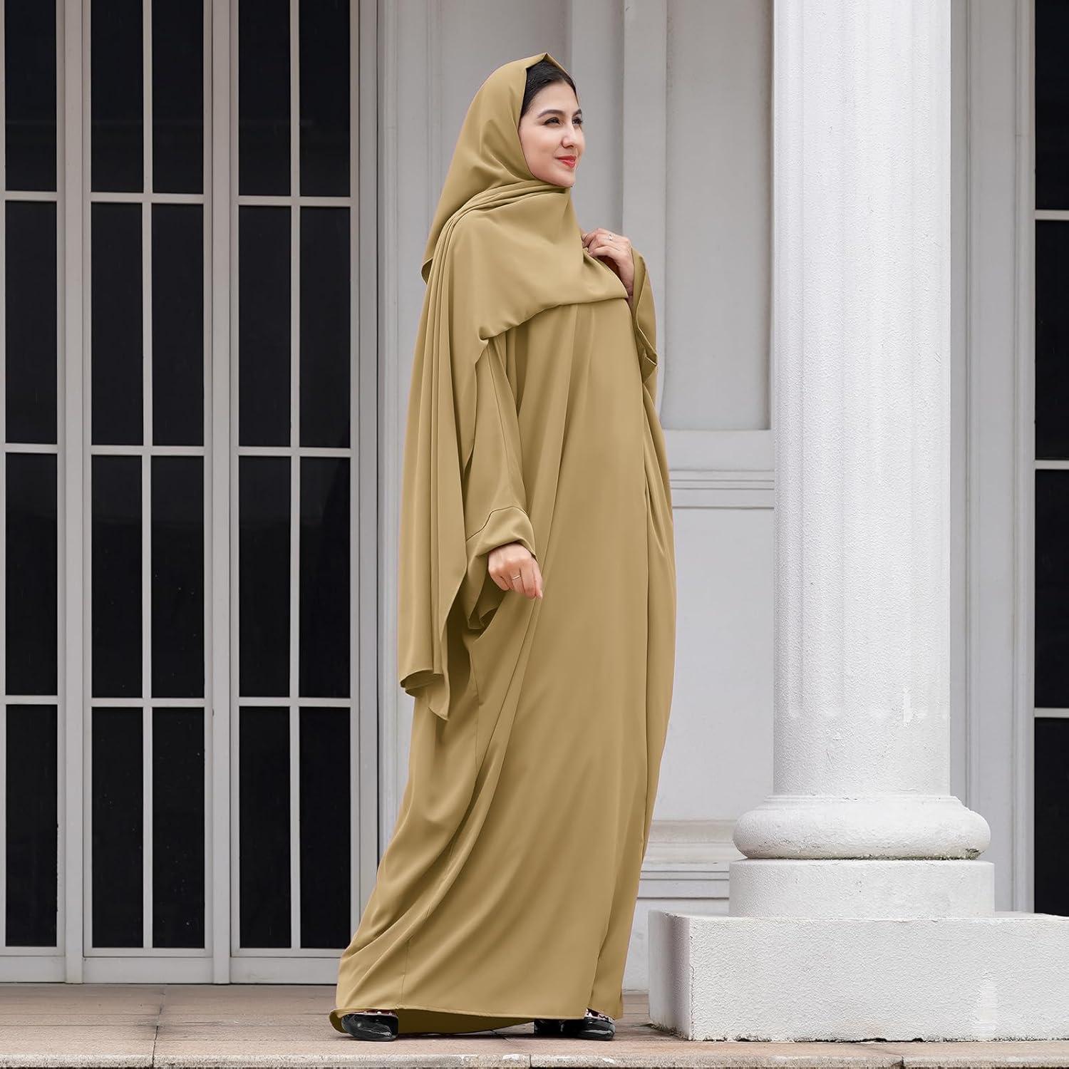 imageIDOPIP Abayas for Women Muslim Dress with Hijab OnePiece Long Sleeve Islamic Prayer Dress with Khimar Jilbab Kaftan ClothesKhaki  Hijab