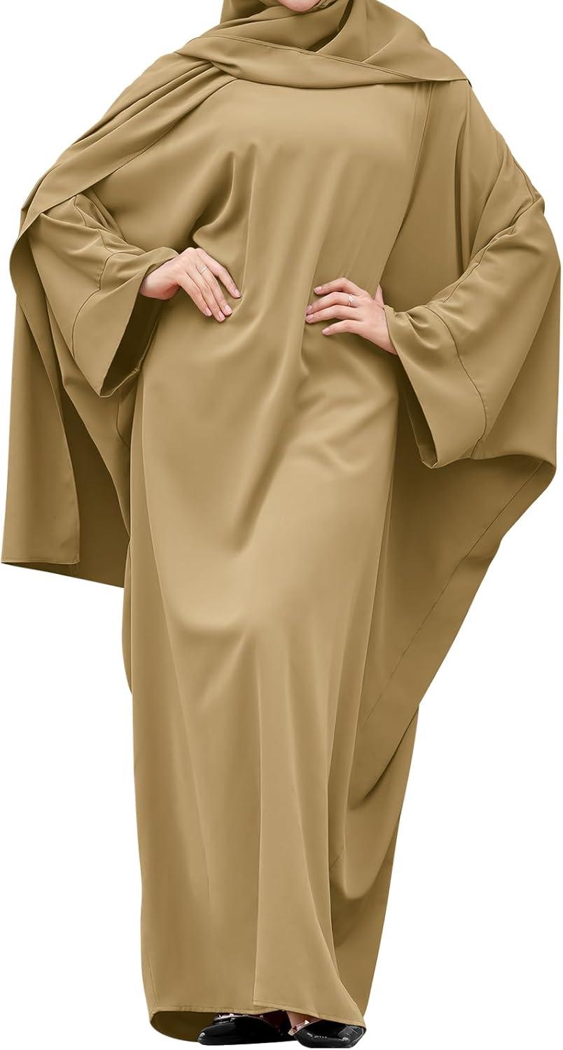 imageIDOPIP Abayas for Women Muslim Dress with Hijab OnePiece Long Sleeve Islamic Prayer Dress with Khimar Jilbab Kaftan ClothesKhaki 1pc Dress Only