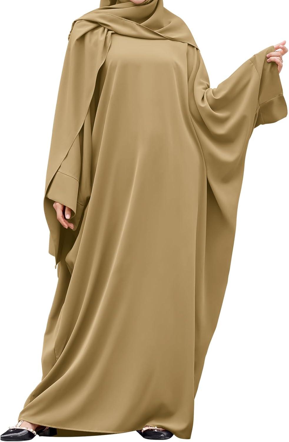 imageIDOPIP Abayas for Women Muslim Dress with Hijab OnePiece Long Sleeve Islamic Prayer Dress with Khimar Jilbab Kaftan ClothesKhaki 1pc Dress Only