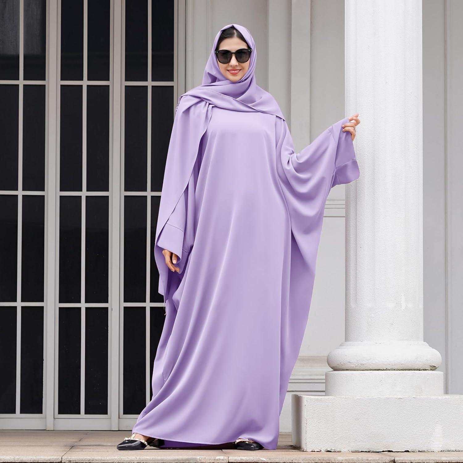 imageIDOPIP Abayas for Women Muslim Dress with Hijab OnePiece Long Sleeve Islamic Prayer Dress with Khimar Jilbab Kaftan ClothesLight Purple  Hijab