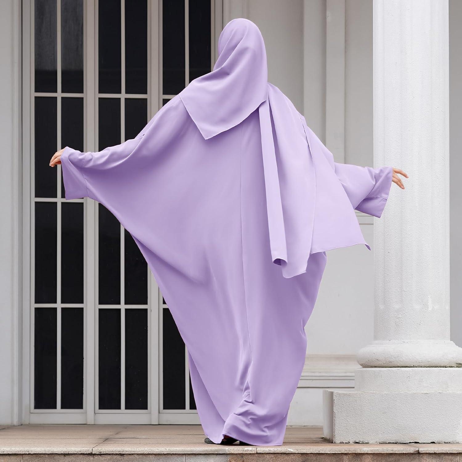 imageIDOPIP Abayas for Women Muslim Dress with Hijab OnePiece Long Sleeve Islamic Prayer Dress with Khimar Jilbab Kaftan ClothesLight Purple  Hijab