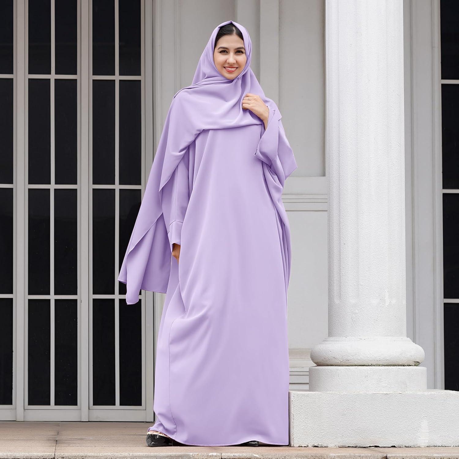 imageIDOPIP Abayas for Women Muslim Dress with Hijab OnePiece Long Sleeve Islamic Prayer Dress with Khimar Jilbab Kaftan ClothesLight Purple  Hijab