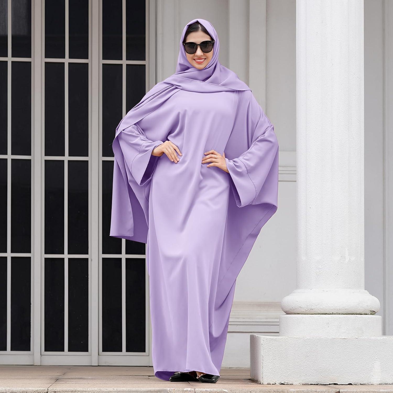 imageIDOPIP Abayas for Women Muslim Dress with Hijab OnePiece Long Sleeve Islamic Prayer Dress with Khimar Jilbab Kaftan ClothesLight Purple  Hijab
