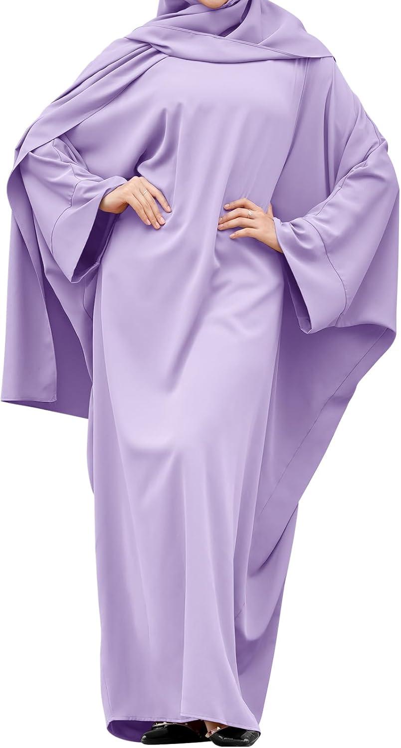 imageIDOPIP Abayas for Women Muslim Dress with Hijab OnePiece Long Sleeve Islamic Prayer Dress with Khimar Jilbab Kaftan ClothesLight Purple 1pc Dress Only