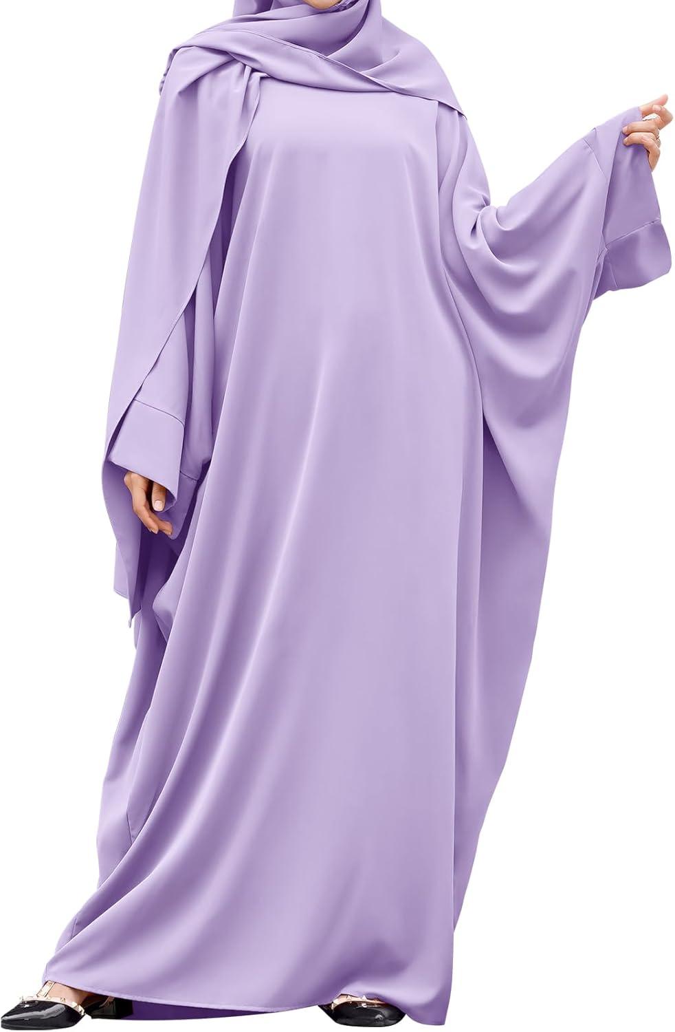 imageIDOPIP Abayas for Women Muslim Dress with Hijab OnePiece Long Sleeve Islamic Prayer Dress with Khimar Jilbab Kaftan ClothesLight Purple 1pc Dress Only