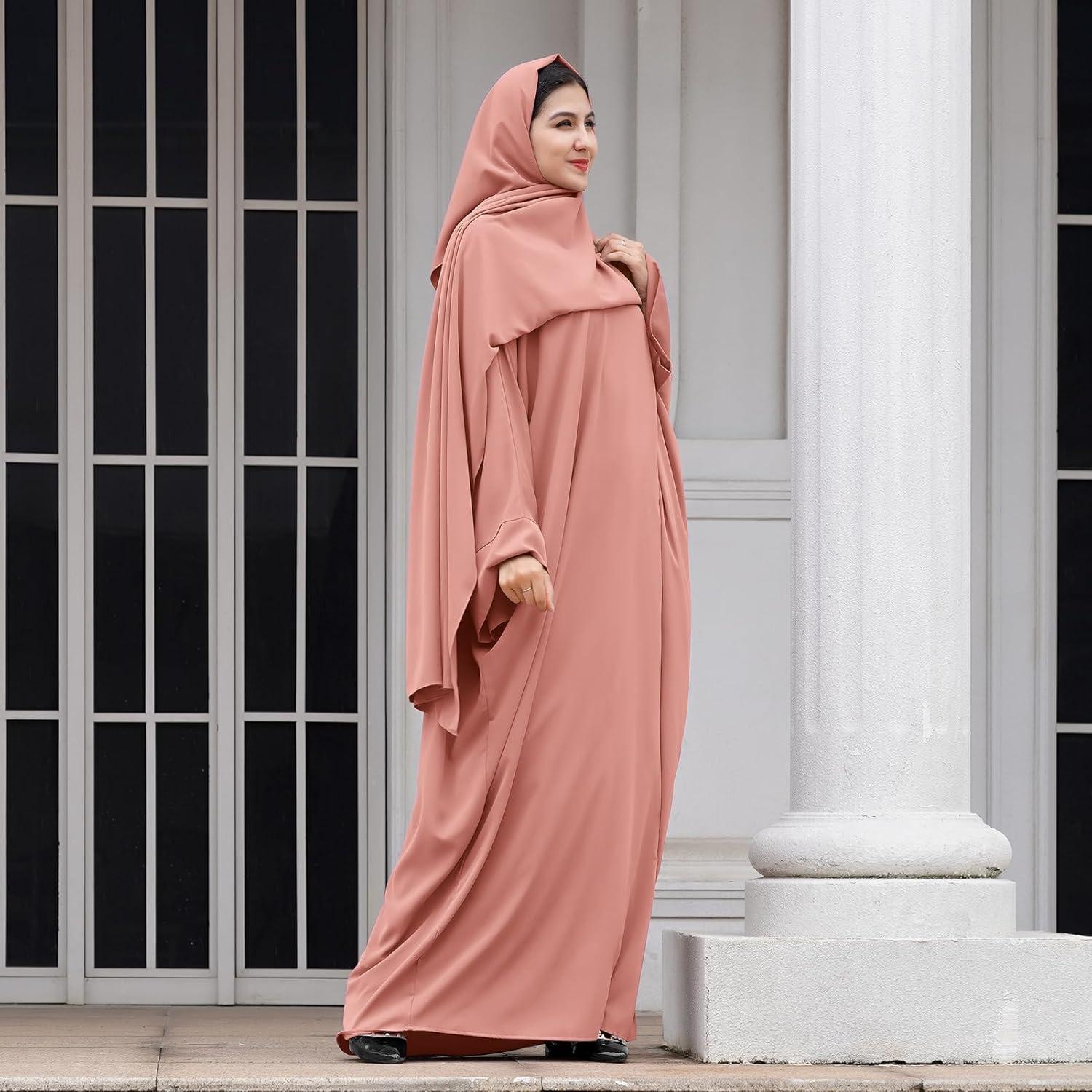 imageIDOPIP Abayas for Women Muslim Dress with Hijab OnePiece Long Sleeve Islamic Prayer Dress with Khimar Jilbab Kaftan ClothesPink  Hijab