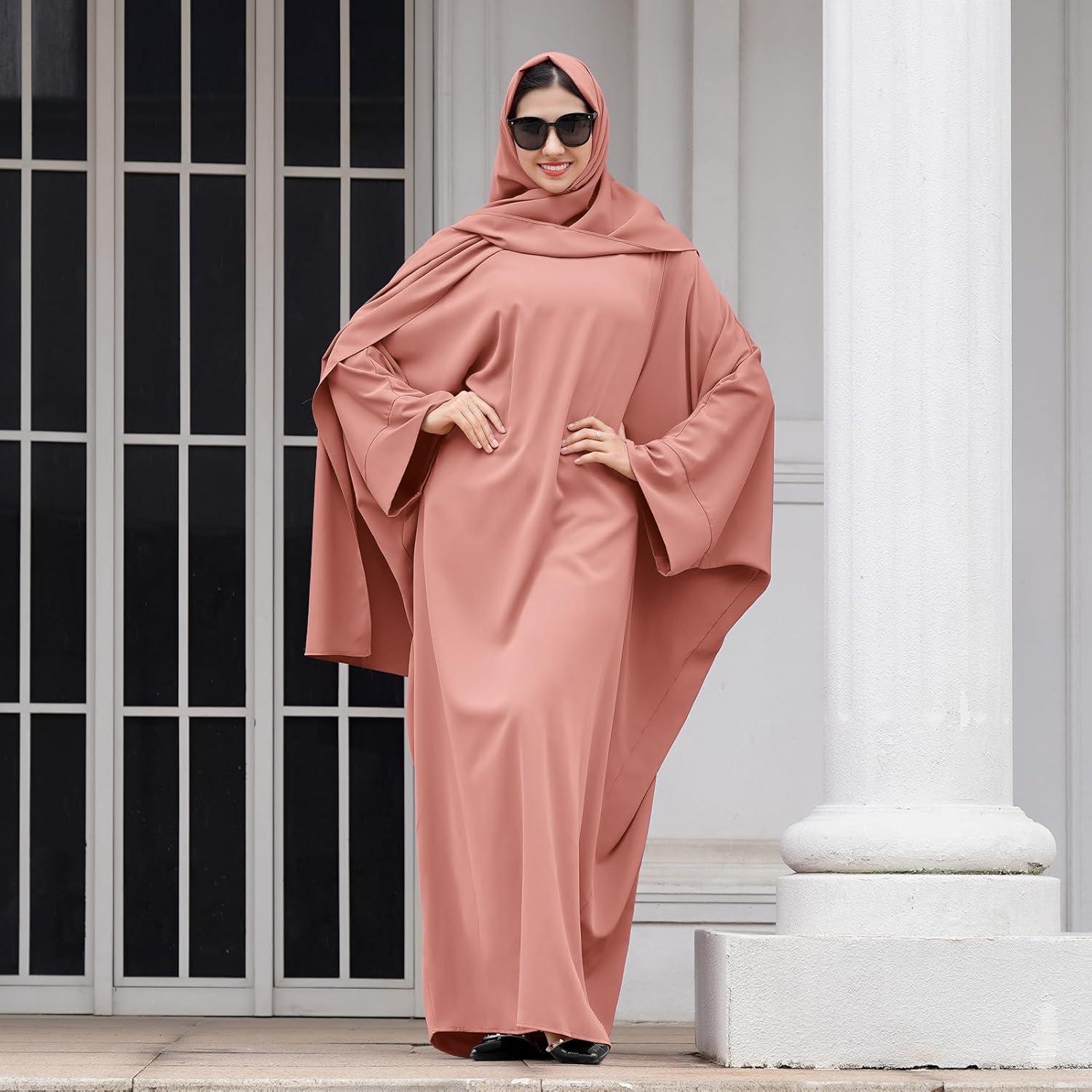 imageIDOPIP Abayas for Women Muslim Dress with Hijab OnePiece Long Sleeve Islamic Prayer Dress with Khimar Jilbab Kaftan ClothesPink  Hijab