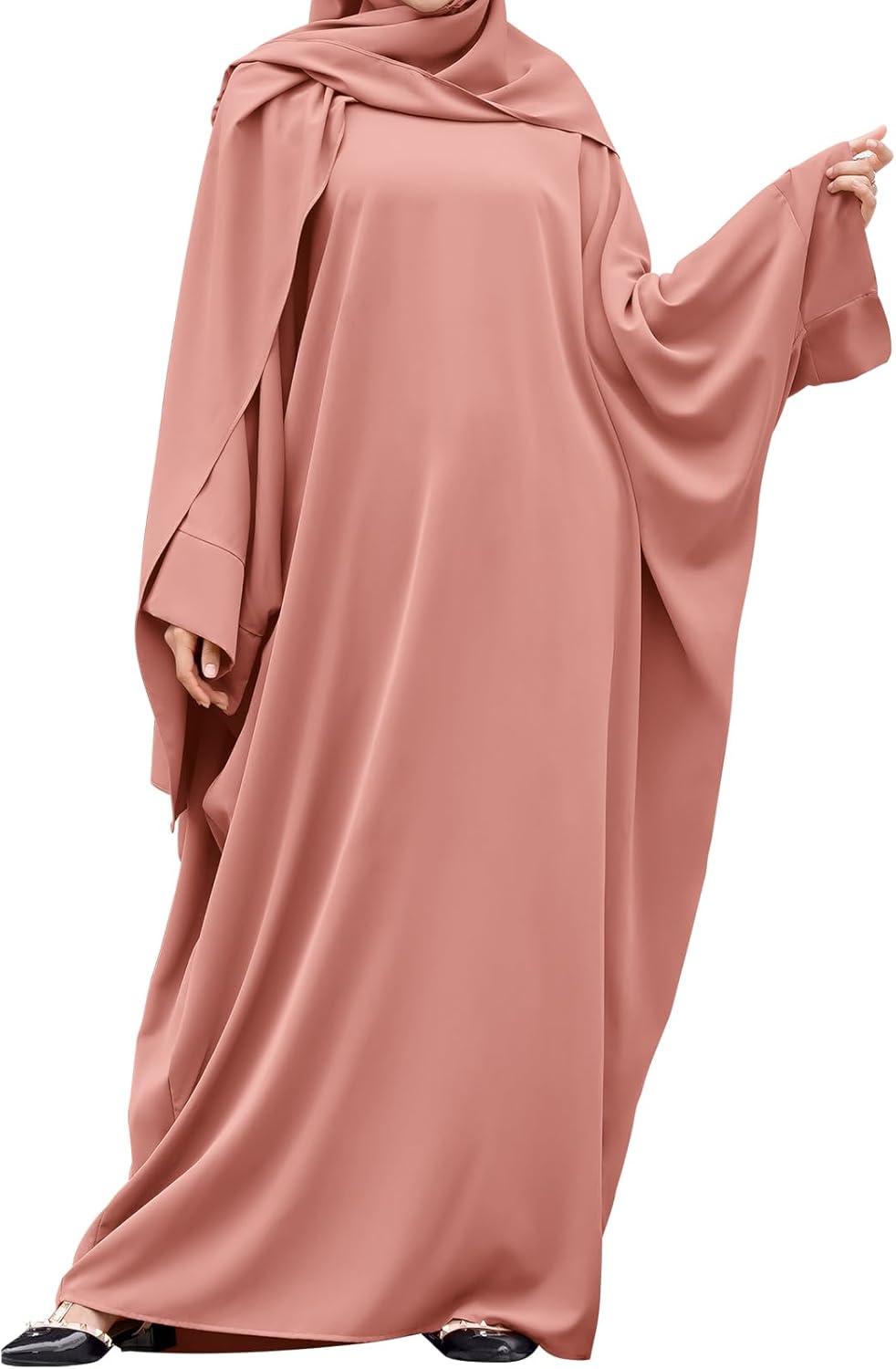 imageIDOPIP Abayas for Women Muslim Dress with Hijab OnePiece Long Sleeve Islamic Prayer Dress with Khimar Jilbab Kaftan ClothesPink 1pc Dress Only