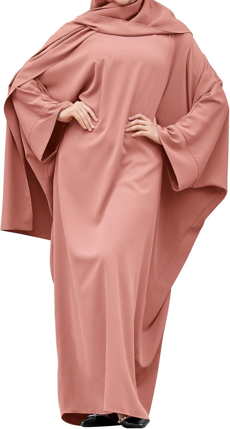 imageIDOPIP Abayas for Women Muslim Dress with Hijab OnePiece Long Sleeve Islamic Prayer Dress with Khimar Jilbab Kaftan ClothesPink 1pc Dress Only