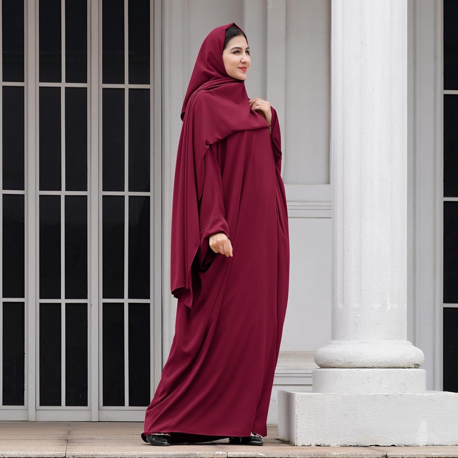 imageIDOPIP Abayas for Women Muslim Dress with Hijab OnePiece Long Sleeve Islamic Prayer Dress with Khimar Jilbab Kaftan ClothesWine Red  Hijab