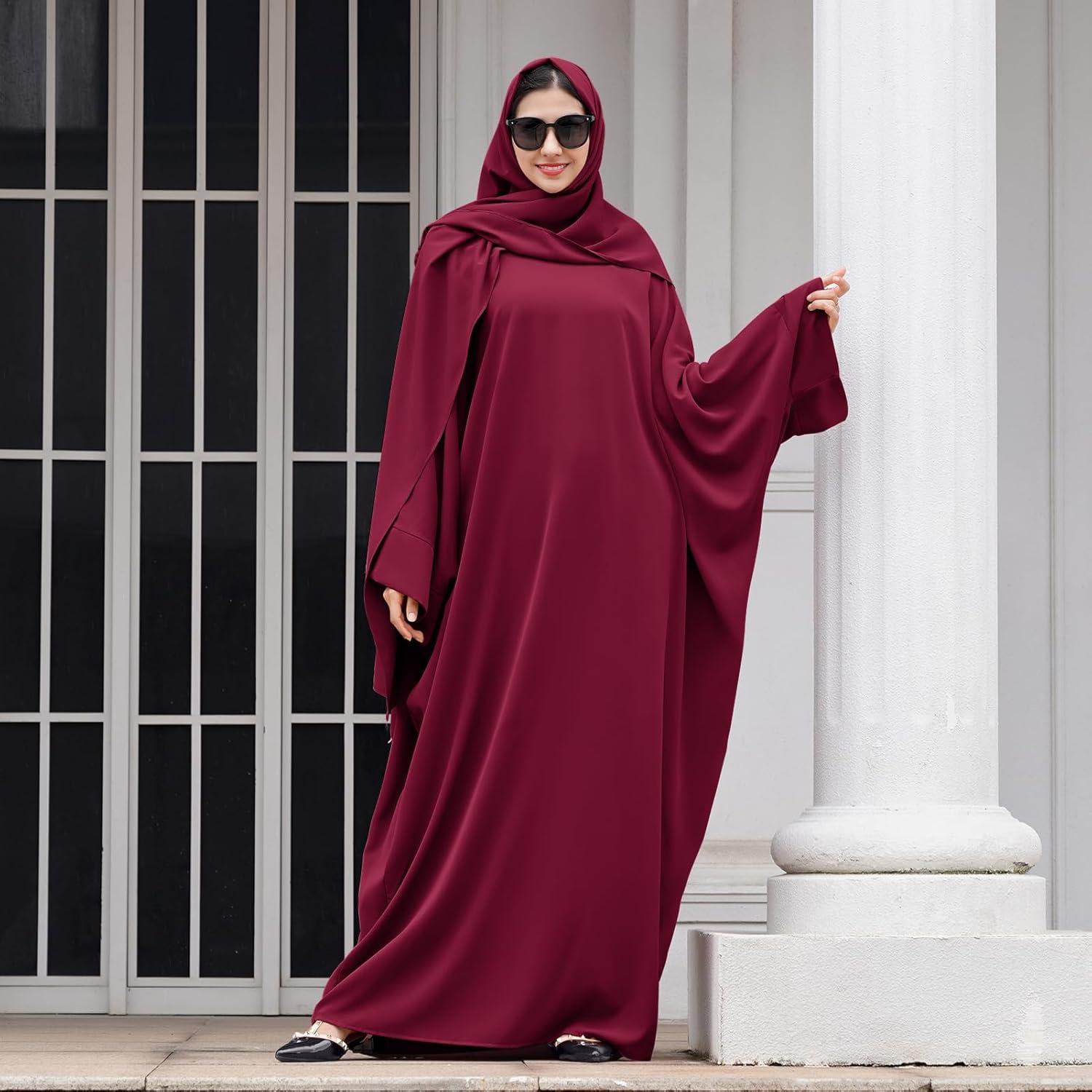 imageIDOPIP Abayas for Women Muslim Dress with Hijab OnePiece Long Sleeve Islamic Prayer Dress with Khimar Jilbab Kaftan ClothesWine Red  Hijab