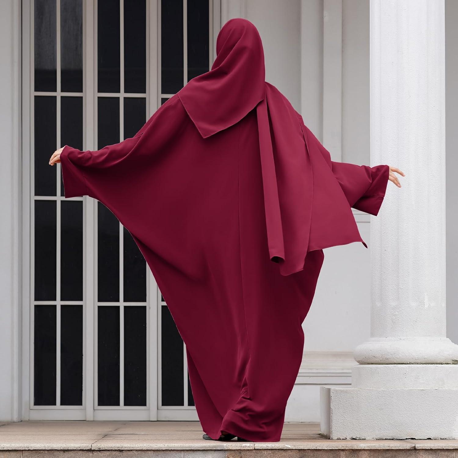 imageIDOPIP Abayas for Women Muslim Dress with Hijab OnePiece Long Sleeve Islamic Prayer Dress with Khimar Jilbab Kaftan ClothesWine Red  Hijab