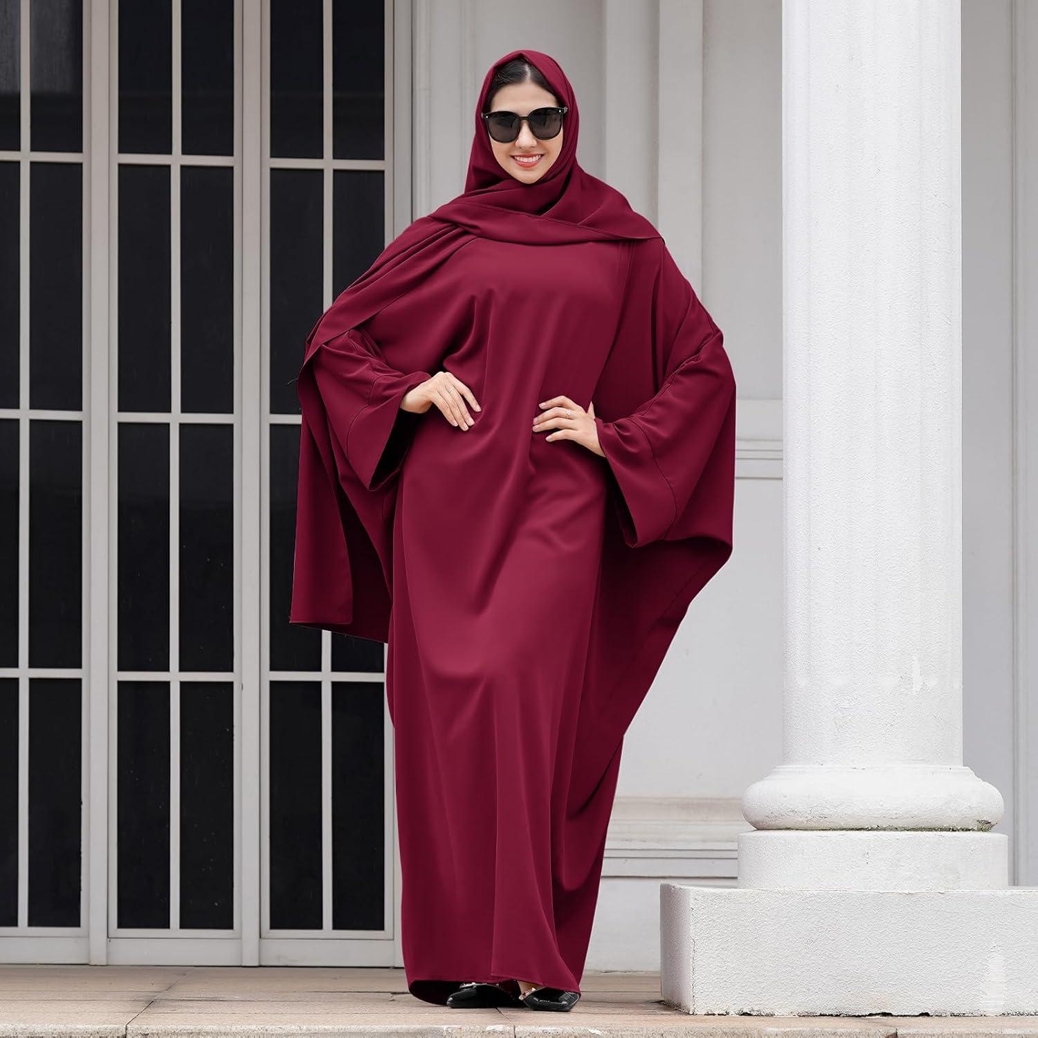 imageIDOPIP Abayas for Women Muslim Dress with Hijab OnePiece Long Sleeve Islamic Prayer Dress with Khimar Jilbab Kaftan ClothesWine Red  Hijab