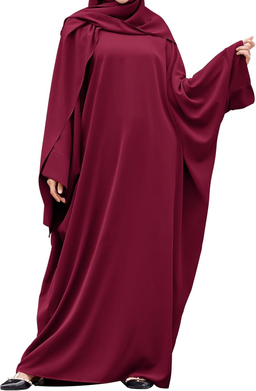 imageIDOPIP Abayas for Women Muslim Dress with Hijab OnePiece Long Sleeve Islamic Prayer Dress with Khimar Jilbab Kaftan ClothesWine Red 1pc Dress Only