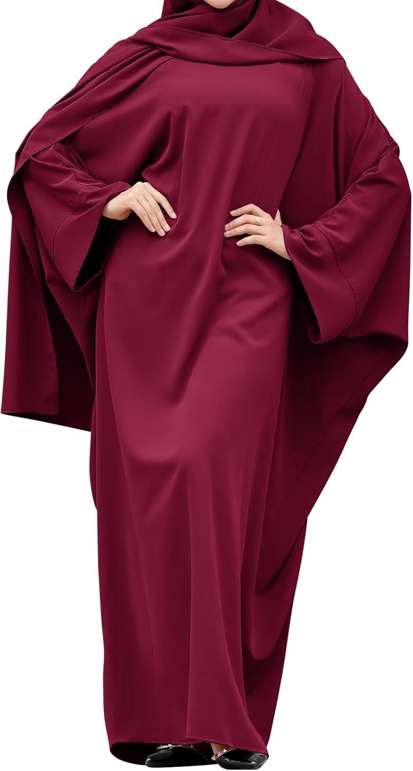 imageIDOPIP Abayas for Women Muslim Dress with Hijab OnePiece Long Sleeve Islamic Prayer Dress with Khimar Jilbab Kaftan ClothesWine Red 1pc Dress Only