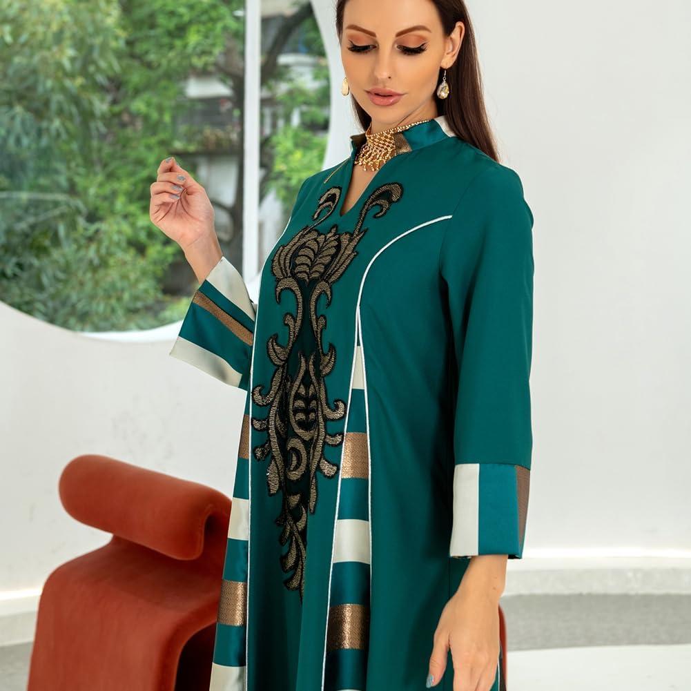 imageIDOPIP Abayas for Women Muslim Long Sleeve Embroidery Applique Maxi Kaftan Dresses Casual Loose Full Cover Islamic Dubai RobeGreen  Striped