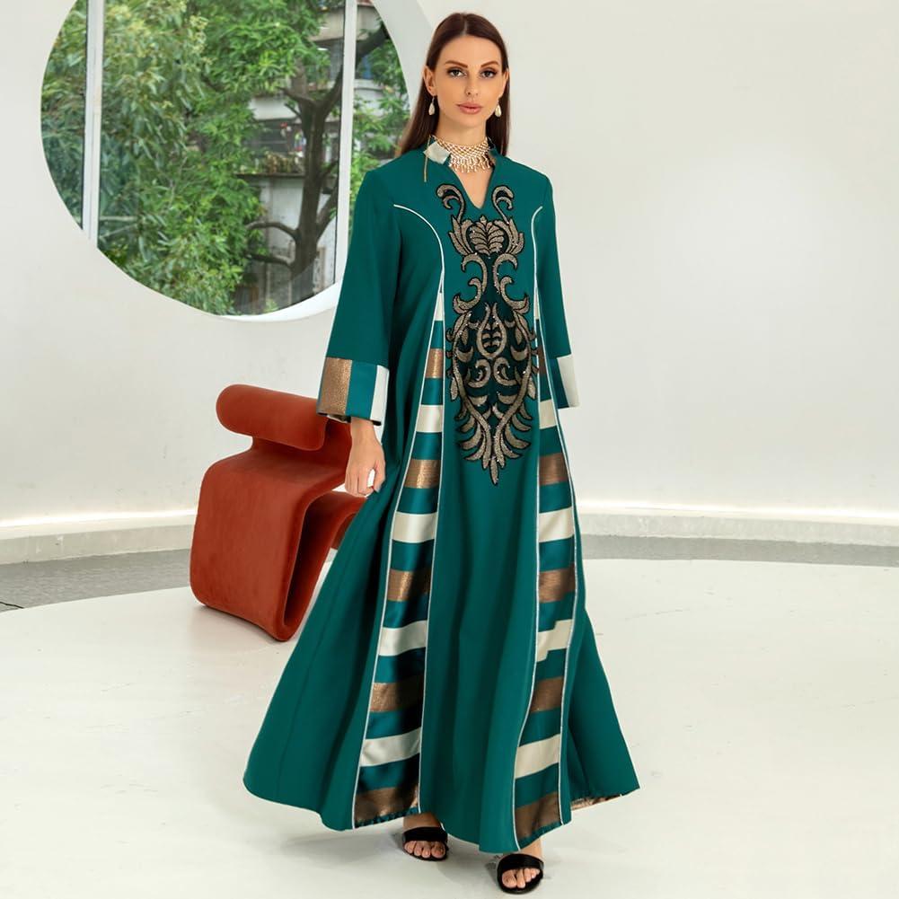 imageIDOPIP Abayas for Women Muslim Long Sleeve Embroidery Applique Maxi Kaftan Dresses Casual Loose Full Cover Islamic Dubai RobeGreen  Striped