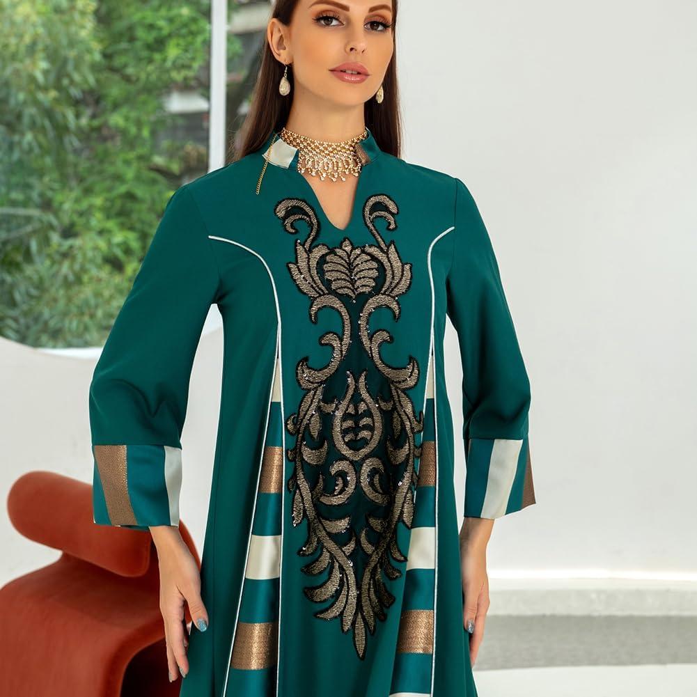 imageIDOPIP Abayas for Women Muslim Long Sleeve Embroidery Applique Maxi Kaftan Dresses Casual Loose Full Cover Islamic Dubai RobeGreen  Striped